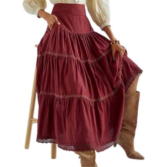 Anthropologie Tiered Lace Maxi Skirt in Burgundy - Picture 8 of 10